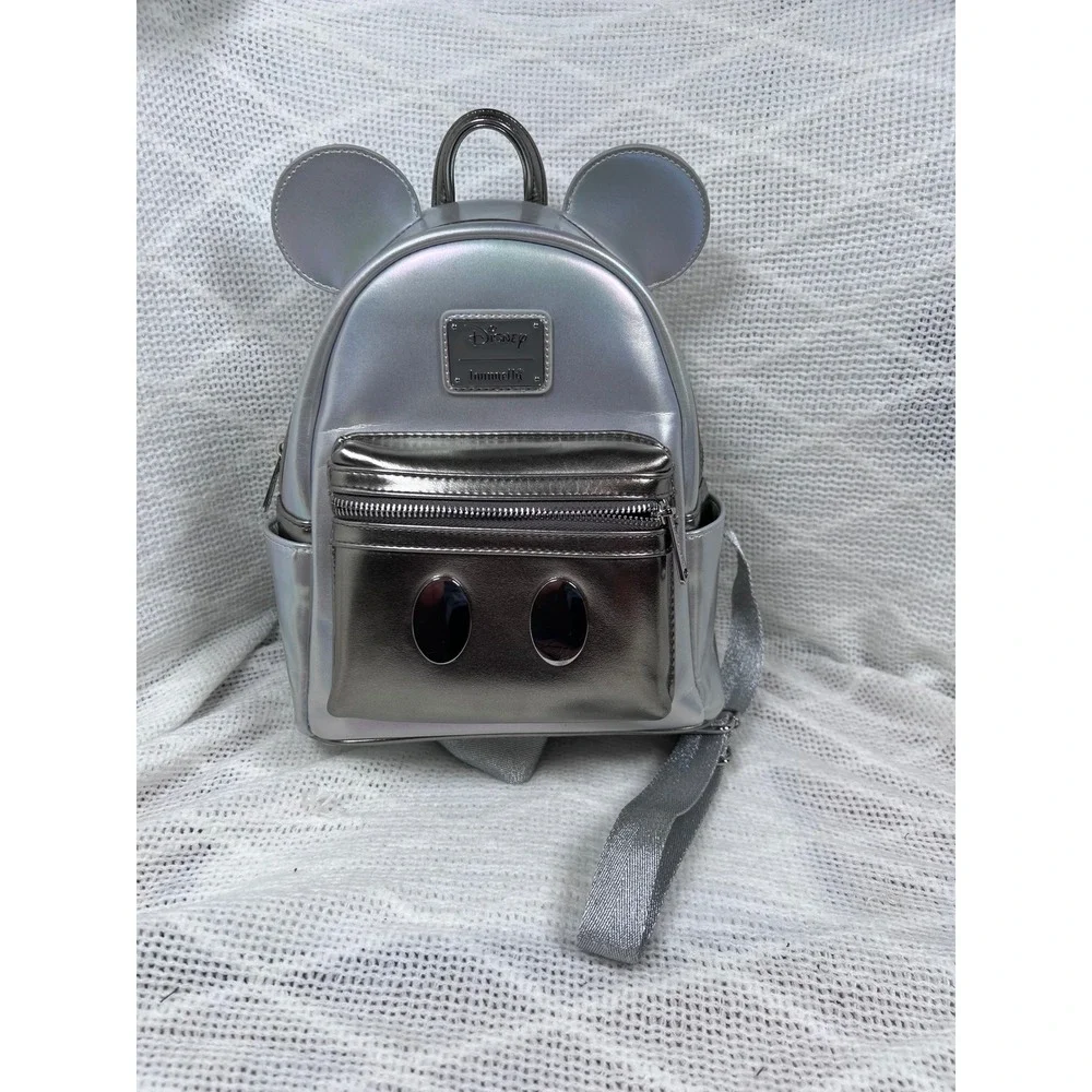 Disney 100 Loungefly Mickey Mouse Mini Backpack Silver Iridescent Good Preowned